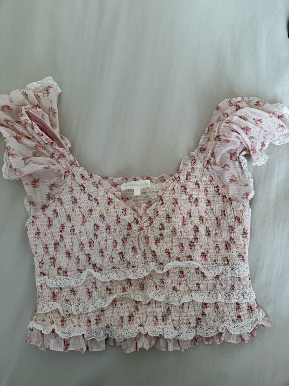 LoveShackFancy Pink Floral Smocked Ruffle Crop Top